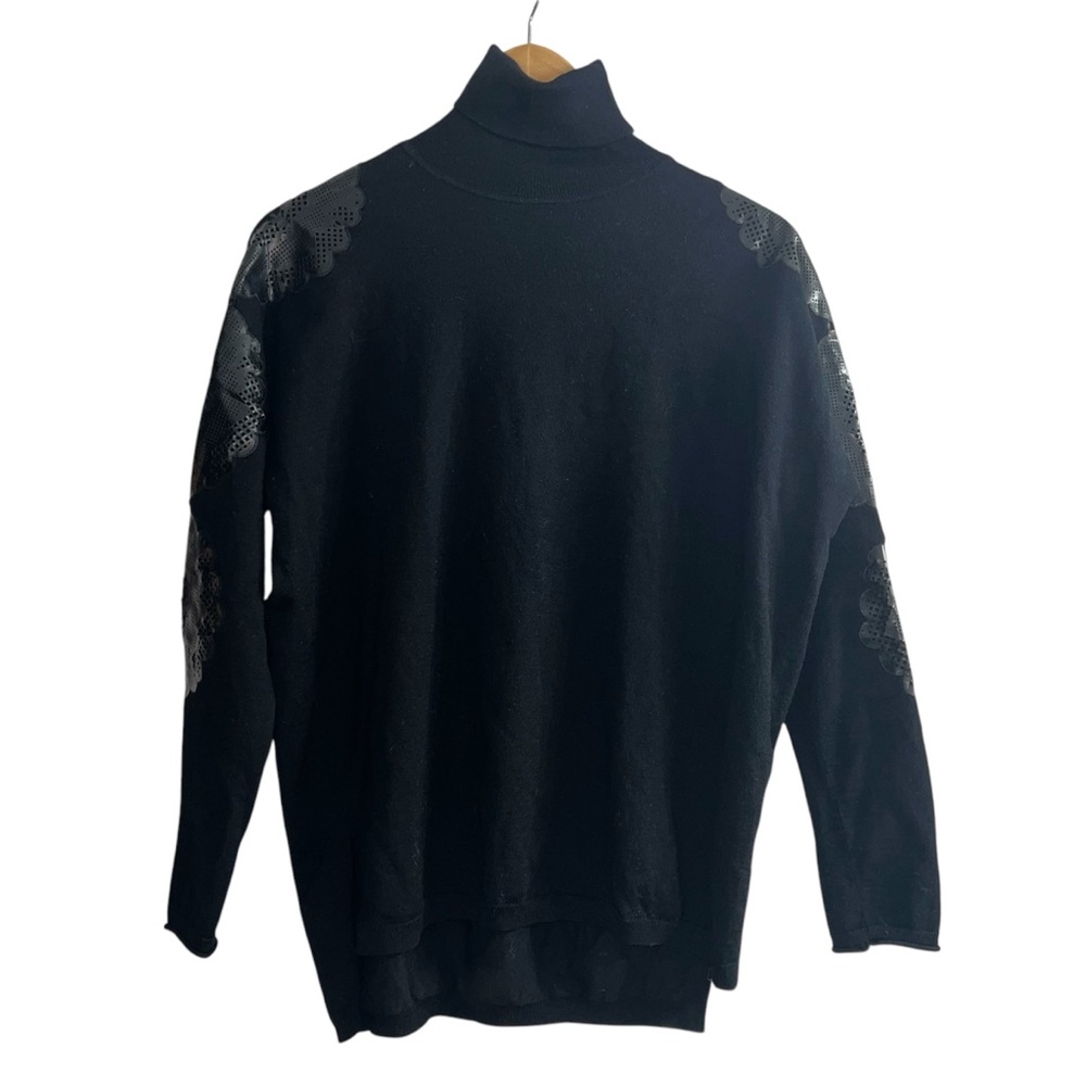 Women’s Black Turtleneck Sweater with Faux Leather Sleeve Details
